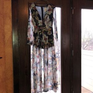 Long Sleeve Deep V Floral Maxi Romper Dress